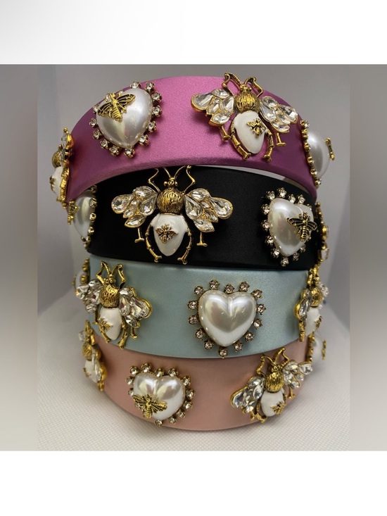 Accessories - Embellished Pink Satin Bee & Pearl Heart Headband